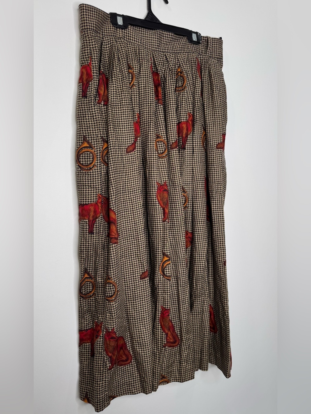Vintage Fox Print Houndstooth twee Midi Skirt Equestrian Academia sz 14 - Picture 6 of 8